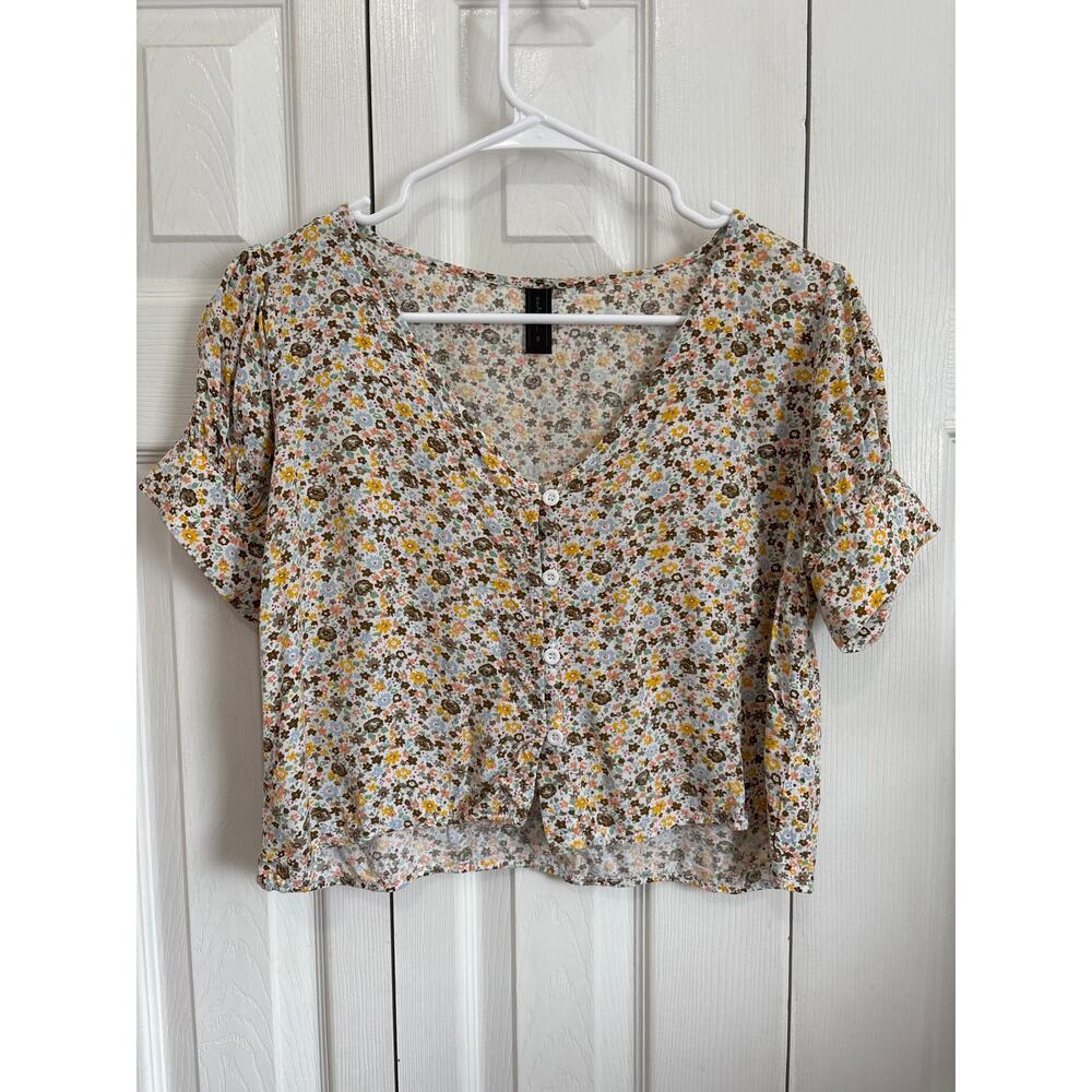 Valiya Soft Ditsy Floral Cottagecore Button Front Cropped Top Size Small